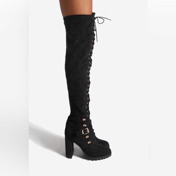 🆕 Tall Lace Up Block Heel Combat Boots in Black Micro 8 Wide Calf - Picture 3 of 4